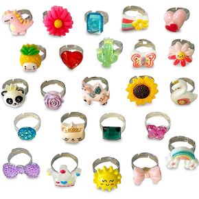 Jewel Rings for Kids, 24 Adjustable Pretend Play Dress Up Rings for Girls, Play Jewelry for Little Girls In Purple Gift Box, Unique and No Duplicates - Great Birthday Gift for Girls Ages 3 4 5 6 7 8