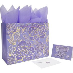 Qirrmiy 13" Large Rose Purple Gift Bag Set with Greeting Card and Tissue Paper for Women or Girls for Celebrating Birthdays, Valentine's Day, Weddings, Anniversaries, Mother's Day