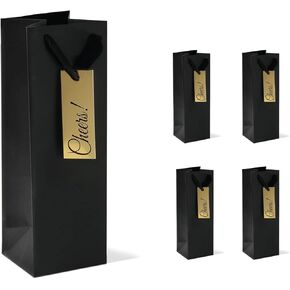 Purple Q Crafts Black Wine Bag for Wine Bottle Whiskey/Spirits, Reusable Bag with 4 Gold CHEERS Tags, Laminated for Extra Strength. (4 Pack)