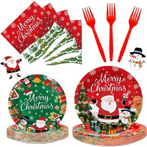 100 Pcs Merry Christmas Plates and Napkins Sets - Cute Winter Christmas Round Tableware, Disposable Christmas Paper Plates and Napkins Forks for Christmas Party Supplies Favors Table Decor, Serves 25