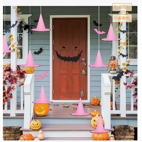 Whaline 14Pcs Halloween Pink Witch Hat with 109 Yards Hanging Rope 32Pcs 3D Bat Stickers Scary Witch Cap Halloween Hanging Decoration for Halloween Home Inside Outside Garden Yard Lawn Decoration