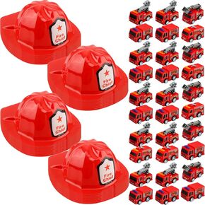 60 Pcs Kids Firefighter Party Favors 30 Plastic Firefighter Helmet 30 Mini Pullback Fire Engine Trucks Toy Fire Chief Hat for Boys Girls Bag Filler Gift Costume Accessory