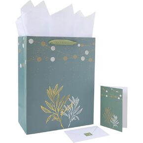 13" Large Green Gift Bag Set with Handles, Greeting Card, Tissue Papers and Stickers for Women Girls for Birthday, Wedding, Anniversary and Mother’s Day, Gold Foil Botanical Design, 1 Pcs