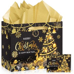 Black Gold Christmas Gift Bag Merry Christmas Party Supplies Gift Bag with Wrapping Paper and Card Large Black Gold Christmas Wrapping Paper Bag with Handle for Christmas Holiday New Year Party Favor