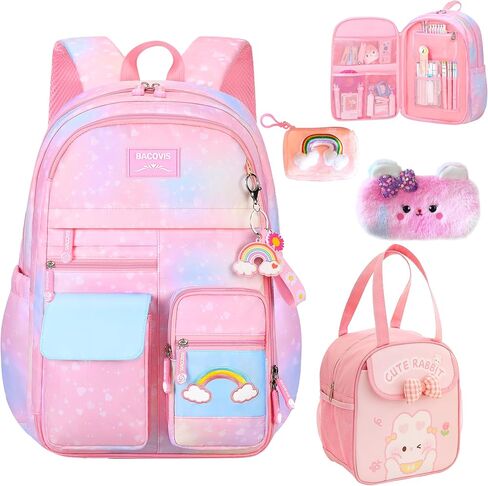 5Pcs Kawaii Backpack Set for Girls, Kids Pink Bookbag Rainbow Laptop Bag Water-Resistant Lightweight Daypack, Large Capacity School Backpack Gradient Double Shoulder Backpack (Pink) in Saudi Arabia