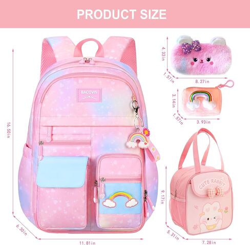 5Pcs Kawaii Backpack Set for Girls, Kids Pink Bookbag Rainbow Laptop Bag Water-Resistant Lightweight Daypack, Large Capacity School Backpack Gradient Double Shoulder Backpack (Pink) in Saudi Arabia