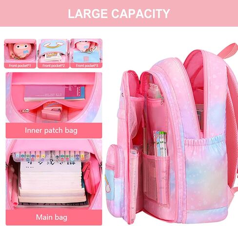 5Pcs Kawaii Backpack Set for Girls, Kids Pink Bookbag Rainbow Laptop Bag Water-Resistant Lightweight Daypack, Large Capacity School Backpack Gradient Double Shoulder Backpack (Pink) in Saudi Arabia