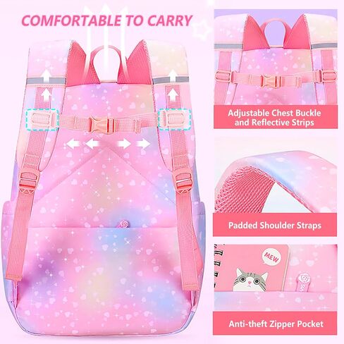 5Pcs Kawaii Backpack Set for Girls, Kids Pink Bookbag Rainbow Laptop Bag Water-Resistant Lightweight Daypack, Large Capacity School Backpack Gradient Double Shoulder Backpack (Pink) in Saudi Arabia