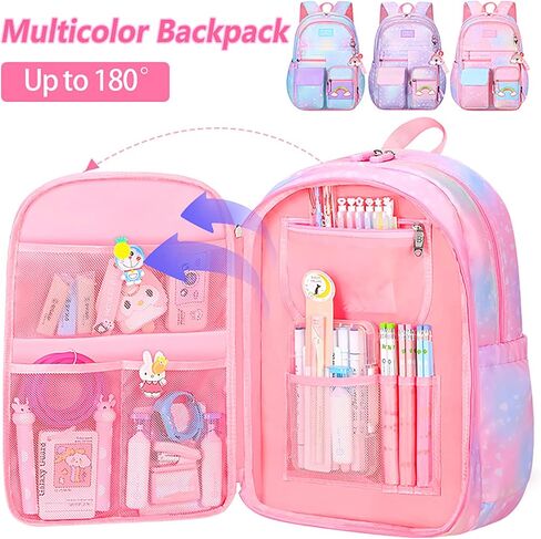 5Pcs Kawaii Backpack Set for Girls, Kids Pink Bookbag Rainbow Laptop Bag Water-Resistant Lightweight Daypack, Large Capacity School Backpack Gradient Double Shoulder Backpack (Pink) in Saudi Arabia