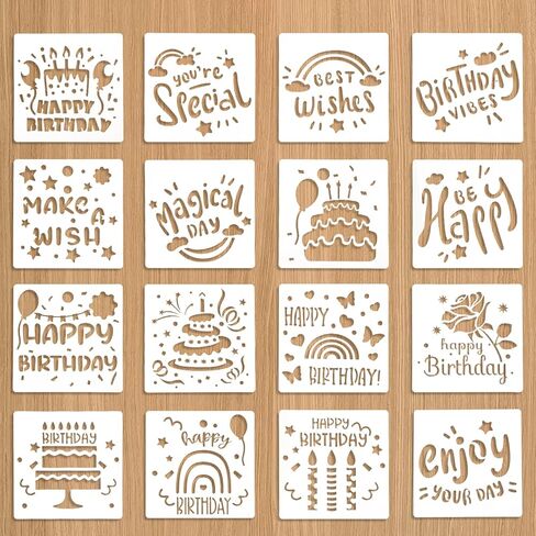 16 PCS Happy Birthday Cake Stencil 5.9 x 5.9 inches Birthday Cookie Templates Reusable Birthday Drawing Painting Stencil for Cakes Card Cookies Baking Birthday Party Templates Decor in Saudi Arabia