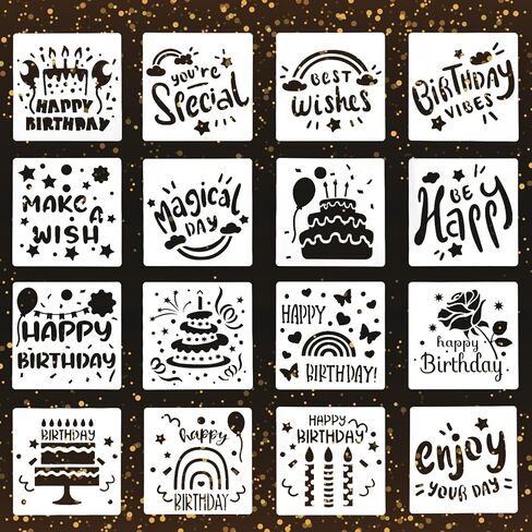16 PCS Happy Birthday Cake Stencil 5.9 x 5.9 inches Birthday Cookie Templates Reusable Birthday Drawing Painting Stencil for Cakes Card Cookies Baking Birthday Party Templates Decor in Saudi Arabia
