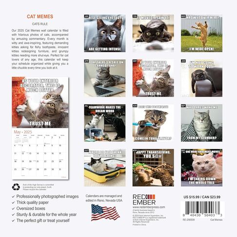 تقويم حائط RED EMBER Cat Memes 2025 لمدة 12 شهرًا | 12 بوصة × 24 بوصة مفتوح | ورق سميك وقوي | هدية | التقويم 2025 in Kuwait