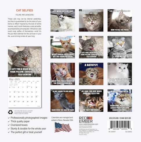 تقويم حائط RED EMBER Cat Memes 2025 لمدة 12 شهرًا | 12 بوصة × 24 بوصة مفتوح | ورق سميك وقوي | هدية | التقويم 2025 in Kuwait