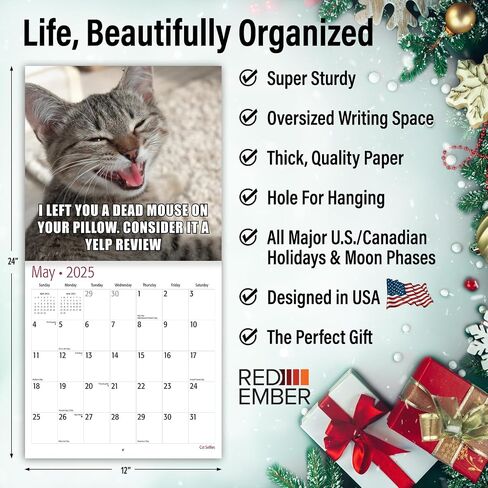 تقويم حائط RED EMBER Cat Memes 2025 لمدة 12 شهرًا | 12 بوصة × 24 بوصة مفتوح | ورق سميك وقوي | هدية | التقويم 2025 in Kuwait
