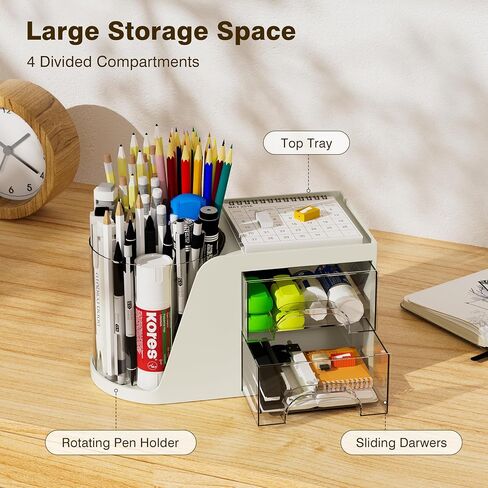 Pen Organizer for Desk,360° Rotating Pen Holder with 2 Drawers,Multi-Functional Desk Pen Cup Holder,Great Pen Organization For Desk Accessories,Office Supplies,Stationariy and Cosmetic,White in Saudi Arabia