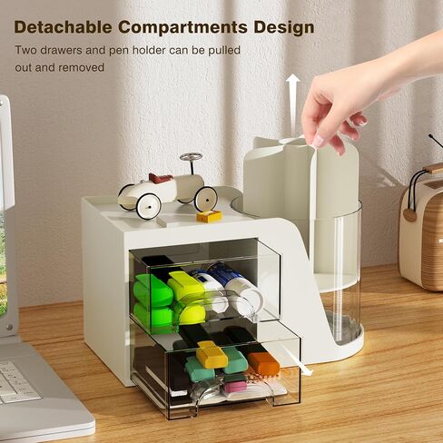 Pen Organizer for Desk,360° Rotating Pen Holder with 2 Drawers,Multi-Functional Desk Pen Cup Holder,Great Pen Organization For Desk Accessories,Office Supplies,Stationariy and Cosmetic,White in Saudi Arabia