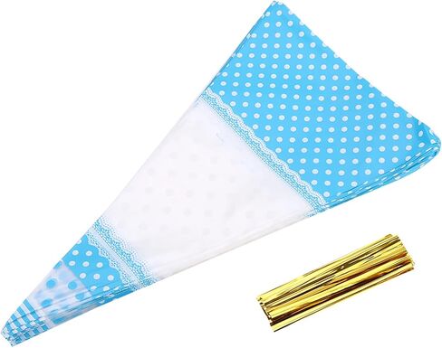 50 Packs Cone Cellophane Bags,6.69 x 11.81in Clear Cone Shaped Treat Bags with Twist Ties for Party Handmade Cookies Wedding Birthday Gift (Blue 4 wires*17cm*30cm) in Kuwait