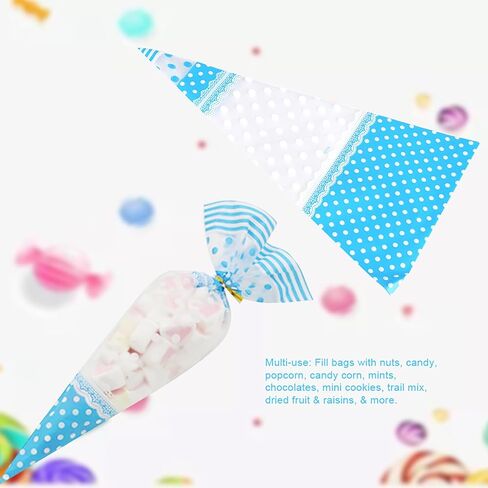 50 Packs Cone Cellophane Bags,6.69 x 11.81in Clear Cone Shaped Treat Bags with Twist Ties for Party Handmade Cookies Wedding Birthday Gift (Blue 4 wires*17cm*30cm) in Kuwait