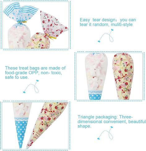 50 Packs Cone Cellophane Bags,6.69 x 11.81in Clear Cone Shaped Treat Bags with Twist Ties for Party Handmade Cookies Wedding Birthday Gift (Blue 4 wires*17cm*30cm) in Kuwait