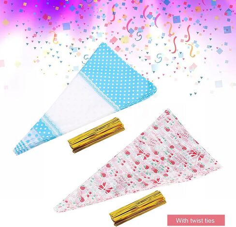 50 Packs Cone Cellophane Bags,6.69 x 11.81in Clear Cone Shaped Treat Bags with Twist Ties for Party Handmade Cookies Wedding Birthday Gift (Blue 4 wires*17cm*30cm) in Kuwait