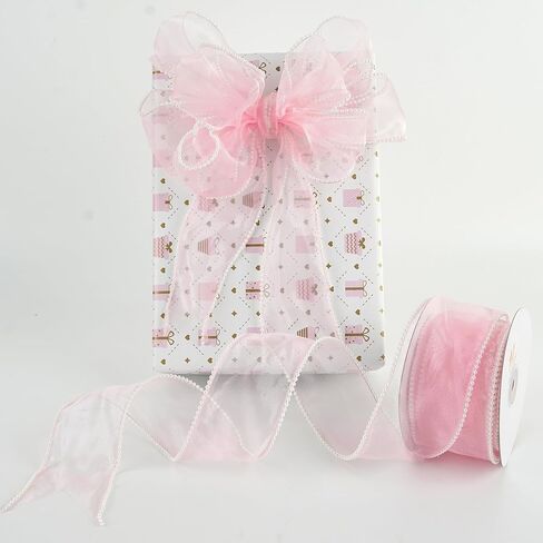 HUIHUANG Pink Sheer Wired Ribbon with Pearl Edges Pink and White Christmas Ribbon 2.5 inch Wired Ribbon for Christmas Tree, Bows, Wreaths, Gift Wrapping, Wedding Bridal Shower Decor- 10 Yards in Kuwait