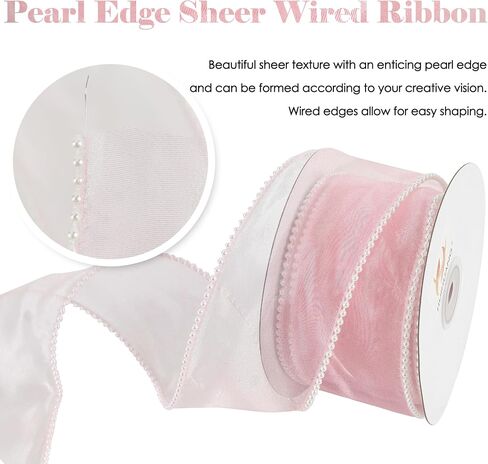 HUIHUANG Pink Sheer Wired Ribbon with Pearl Edges Pink and White Christmas Ribbon 2.5 inch Wired Ribbon for Christmas Tree, Bows, Wreaths, Gift Wrapping, Wedding Bridal Shower Decor- 10 Yards in Kuwait