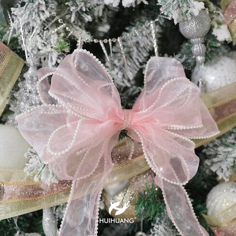 HUIHUANG Pink Sheer Wired Ribbon with Pearl Edges Pink and White Christmas Ribbon 2.5 inch Wired Ribbon for Christmas Tree, Bows, Wreaths, Gift Wrapping, Wedding Bridal Shower Decor- 10 Yards in Kuwait