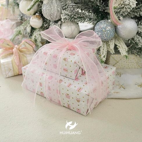 HUIHUANG Pink Sheer Wired Ribbon with Pearl Edges Pink and White Christmas Ribbon 2.5 inch Wired Ribbon for Christmas Tree, Bows, Wreaths, Gift Wrapping, Wedding Bridal Shower Decor- 10 Yards in Kuwait