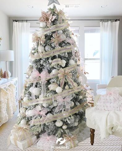 HUIHUANG Pink Sheer Wired Ribbon with Pearl Edges Pink and White Christmas Ribbon 2.5 inch Wired Ribbon for Christmas Tree, Bows, Wreaths, Gift Wrapping, Wedding Bridal Shower Decor- 10 Yards in Kuwait