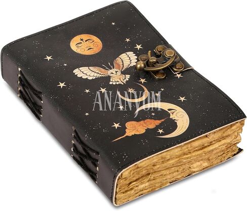 Handmade Leather Journal, Black, Sun & Moon Design, 7 x 5 Inch, 200 Unruled Pages, Hand Embossed, Deckle Edge Paper, Brass Clasp Lock, Vintage Notebook Diary, Sketchbook for Artists & Writers in Kuwait