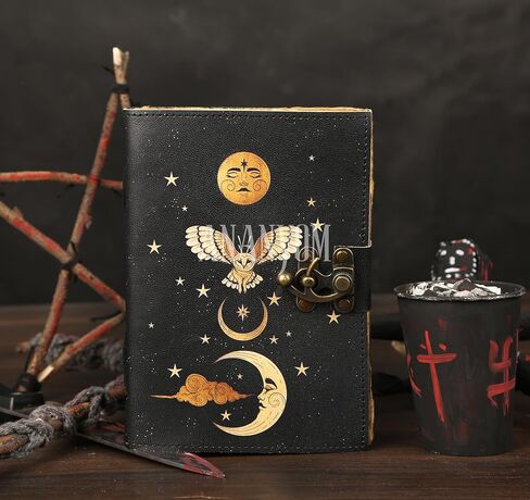 Handmade Leather Journal, Black, Sun & Moon Design, 7 x 5 Inch, 200 Unruled Pages, Hand Embossed, Deckle Edge Paper, Brass Clasp Lock, Vintage Notebook Diary, Sketchbook for Artists & Writers in Kuwait