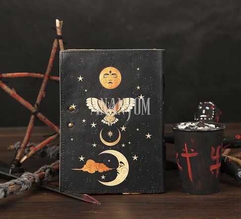 Handmade Leather Journal, Black, Sun & Moon Design, 7 x 5 Inch, 200 Unruled Pages, Hand Embossed, Deckle Edge Paper, Brass Clasp Lock, Vintage Notebook Diary, Sketchbook for Artists & Writers in Kuwait