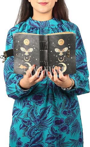 Handmade Leather Journal, Black, Sun & Moon Design, 7 x 5 Inch, 200 Unruled Pages, Hand Embossed, Deckle Edge Paper, Brass Clasp Lock, Vintage Notebook Diary, Sketchbook for Artists & Writers in Kuwait