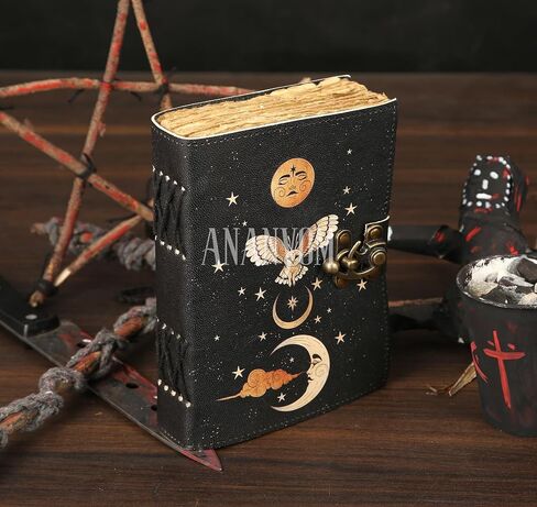 Handmade Leather Journal, Black, Sun & Moon Design, 7 x 5 Inch, 200 Unruled Pages, Hand Embossed, Deckle Edge Paper, Brass Clasp Lock, Vintage Notebook Diary, Sketchbook for Artists & Writers in Kuwait