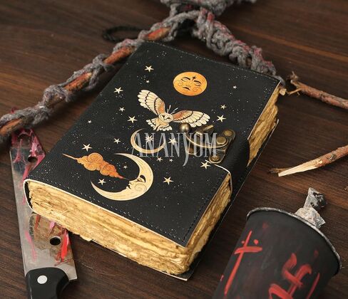 Handmade Leather Journal, Black, Sun & Moon Design, 7 x 5 Inch, 200 Unruled Pages, Hand Embossed, Deckle Edge Paper, Brass Clasp Lock, Vintage Notebook Diary, Sketchbook for Artists & Writers in Kuwait
