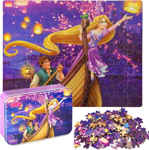 LELEMON Princess Puzzles في صندوق معدني 100 قطعة طويلة الشعر الأميرة أحجية الصور المقطوعة للأطفال الذين تتراوح أعمارهم بين 4-8 أطفال يتعلمون ألعاب الألغاز التعليمية in Saudi Arabia