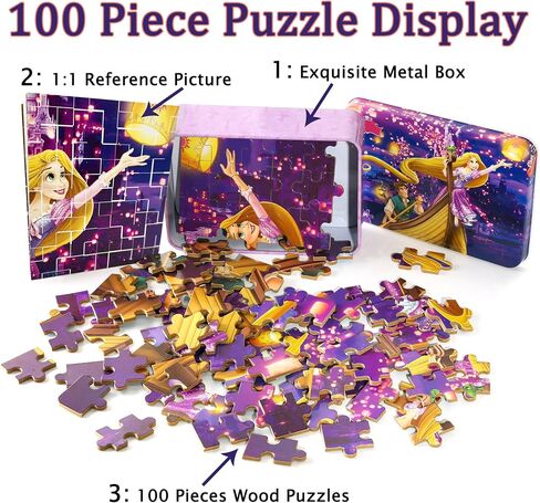 LELEMON Princess Puzzles في صندوق معدني 100 قطعة طويلة الشعر الأميرة أحجية الصور المقطوعة للأطفال الذين تتراوح أعمارهم بين 4-8 أطفال يتعلمون ألعاب الألغاز التعليمية in Saudi Arabia