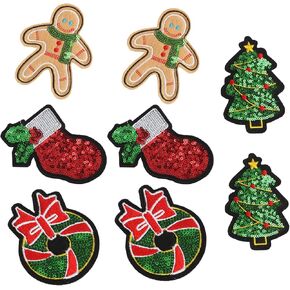 8Pcs Christmas Iron on Patches Glitter Christmas Tree Embroidered Patches Santa Claus Gift Socks Assorted Repair Patch Xmas Chenille Patches for Adult Christmas Clothing Bags Hats Repair Decoration