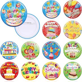 Bonuci 2 1/4 Inches Pin for Happy Birthday Button Pinback Buttons Colorful Button Pins Party Pins for Adult Birthday Party Supplies, 12 Styles(48 Pcs)