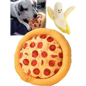 Puppy Toys 2 Pack, Interactive Pizza and Banana Squeaky Chew Toys, Soft and Strong, Teeth Cleaning, Safe Fun for Small Dogs, Indoor Play and Chew Games, Dental Health, Easy to Clean, Long Lasting