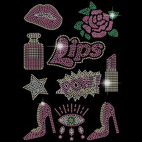 SUPERDANT Lips Iron on Rhinestones Transfer Lipstick High Heels Roses Perfume Decals T-Shirt Crystal Heat Transfer Hot Fix Stickers Crystal Festival Decor for Women Clothing DIY Art Craft