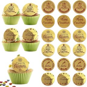 18 Pcs Christmas Cake Decoration Cupcake Toppers Xmas Party Supplies Mirror Merry Christmas Tree Santa Sleigh Reindeer Design Food Gold Acrylic Accessories