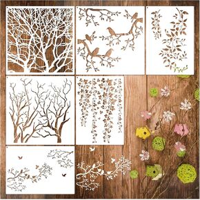 Tree Leaf Vine Stencils for Painting on Wood, Large Bird Branches Stencils for Crafts Reusable Wood Burning Drawing Art Paint Stencils and Patterns for Wall Furniture Cookie Canvas (Tree)