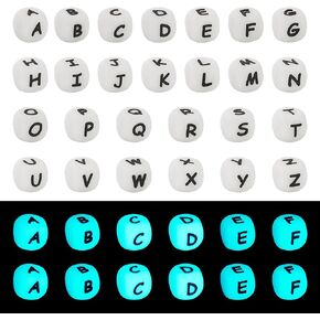 PH PandaHall 52Pcs Luminous Letter Silicone Bead Glow in The Dark Cube Alphabet Bead A~Z Cube Silicone Letter Bead 12mm Square Dice Letter Loose Bead for Layer Bracelet Necklace Jewelry Making