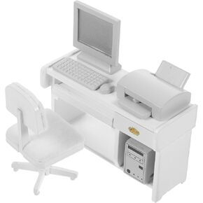 1 Set Miniature Computer Wood Mini Office Desk Toys Mini Office Desk for Crafts Tiny House Computer Model Miniature Office Ornament for Kids Doll House(White)