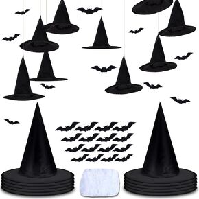 10 Pieces Halloween Witches Hats Black | Hanging Witch Hats Decorations with Spider Web and 16 Pieces Bats Decorations Costume Witch Accessories Halloween Decorations Decor Indoor Outdoor Yard