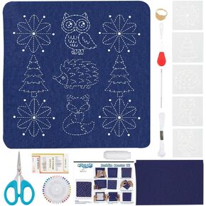 FREEBLOSS Sashiko Kit Sashiko Tea Mat Embroidery Kit with 5 Templates Sashiko Fabric Hand Sewing Kit Includes Embroidery Thread Needles Hand Sewing Kit for Adults Decor
