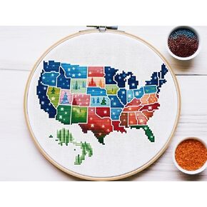 Watercolor USA Map Stamped Cross Stitch Kits for Beginners Easy with Hoop 11CT Needlepoint Embroidery DIY Counted Cross Stitch Kits Art Craft Wall Decor 35x35cm(1)
