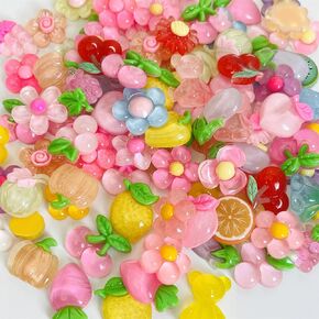 QTMY 100 Pcs Lots Mix Assort Clear Slime Charms Flower and Fruit Cute Resin Flatback Sets for DIY Crafts Making,Decorations,Scrapbooking,Embellishments,Hair Clip