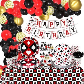 229Pcs Casino Birthday Decorations - Including Poker Plates, Napkins, Cups, Balloons, Birthday Banner, Cake Topper and Tablecloth for Poker Casino Themed Party Supplies, Serves 20 Guests (Casino-L)